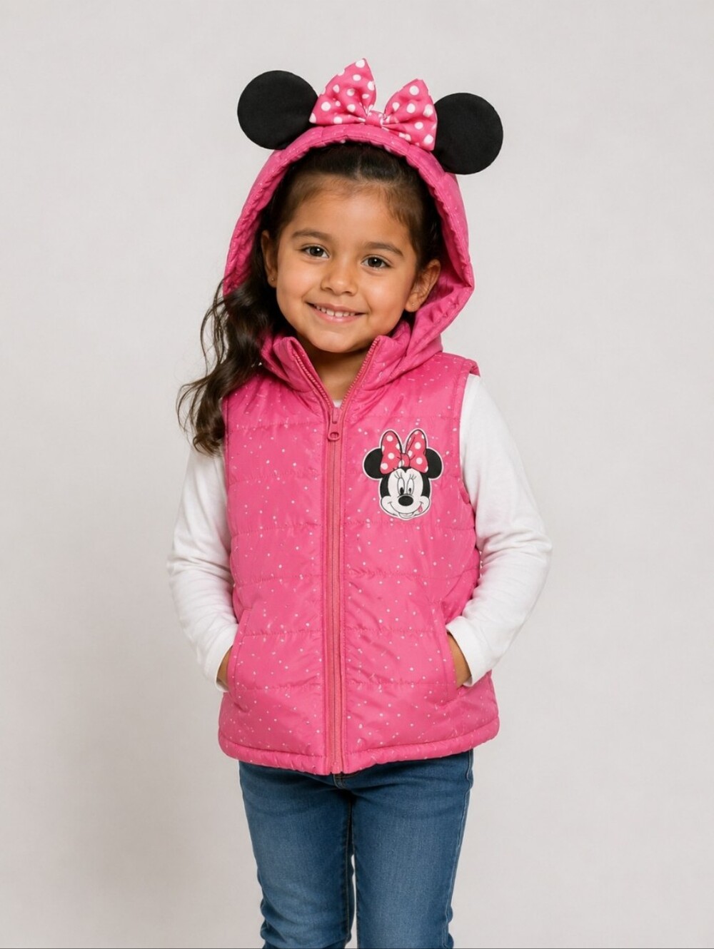 Pink Polka Dot Minnie Mouse Hooded Puffer Vest With Ears Bow 5